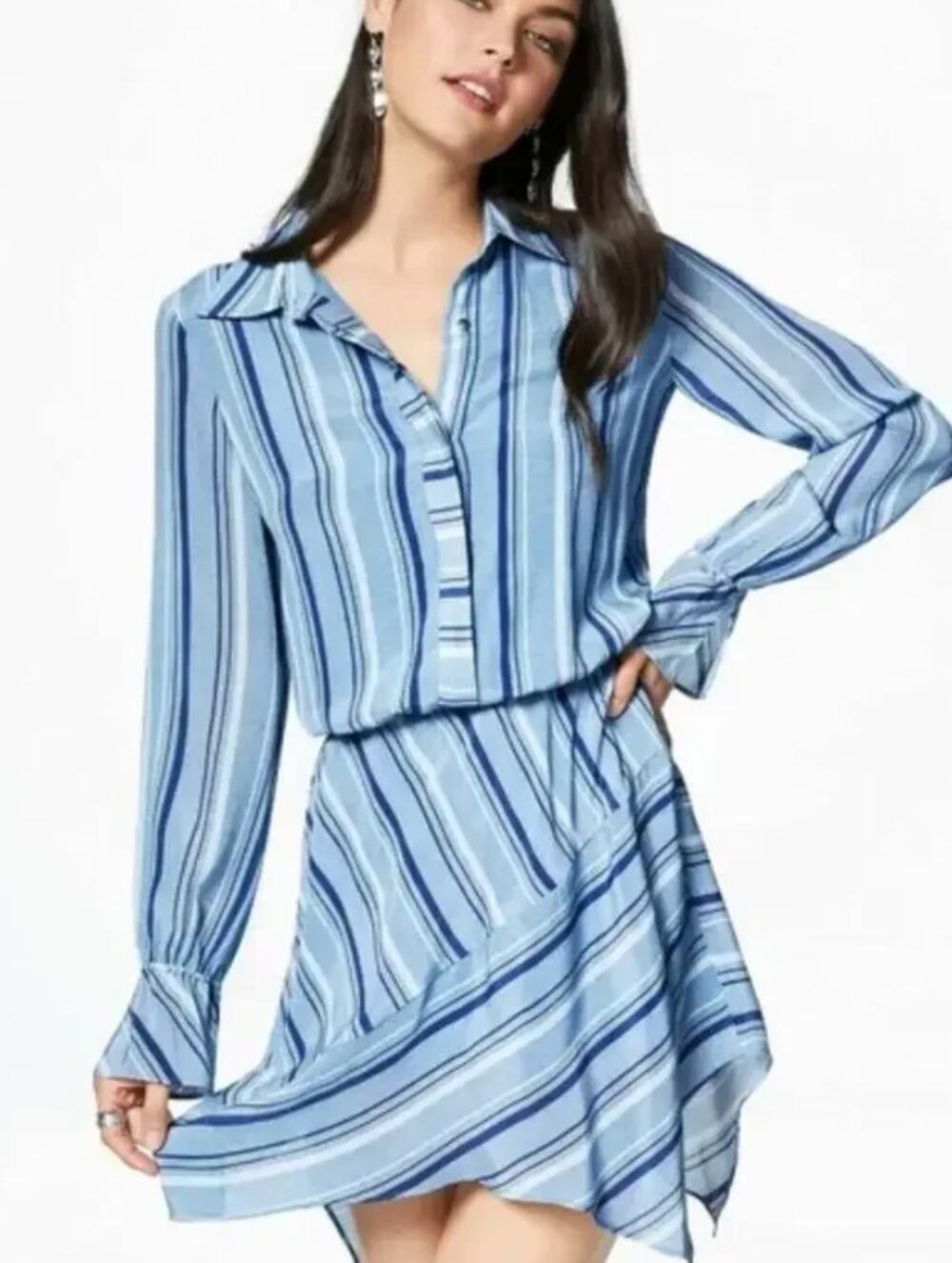 Ramy Brook Blue Striped Silk Mini Shirt Dress LARGE Career Silk Designer $500